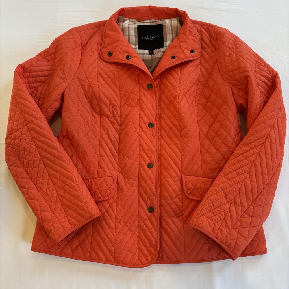 TALBOTS Petites Quilted Barn Jacket SP Small Petite Coral Orange Plaid Lined EUC